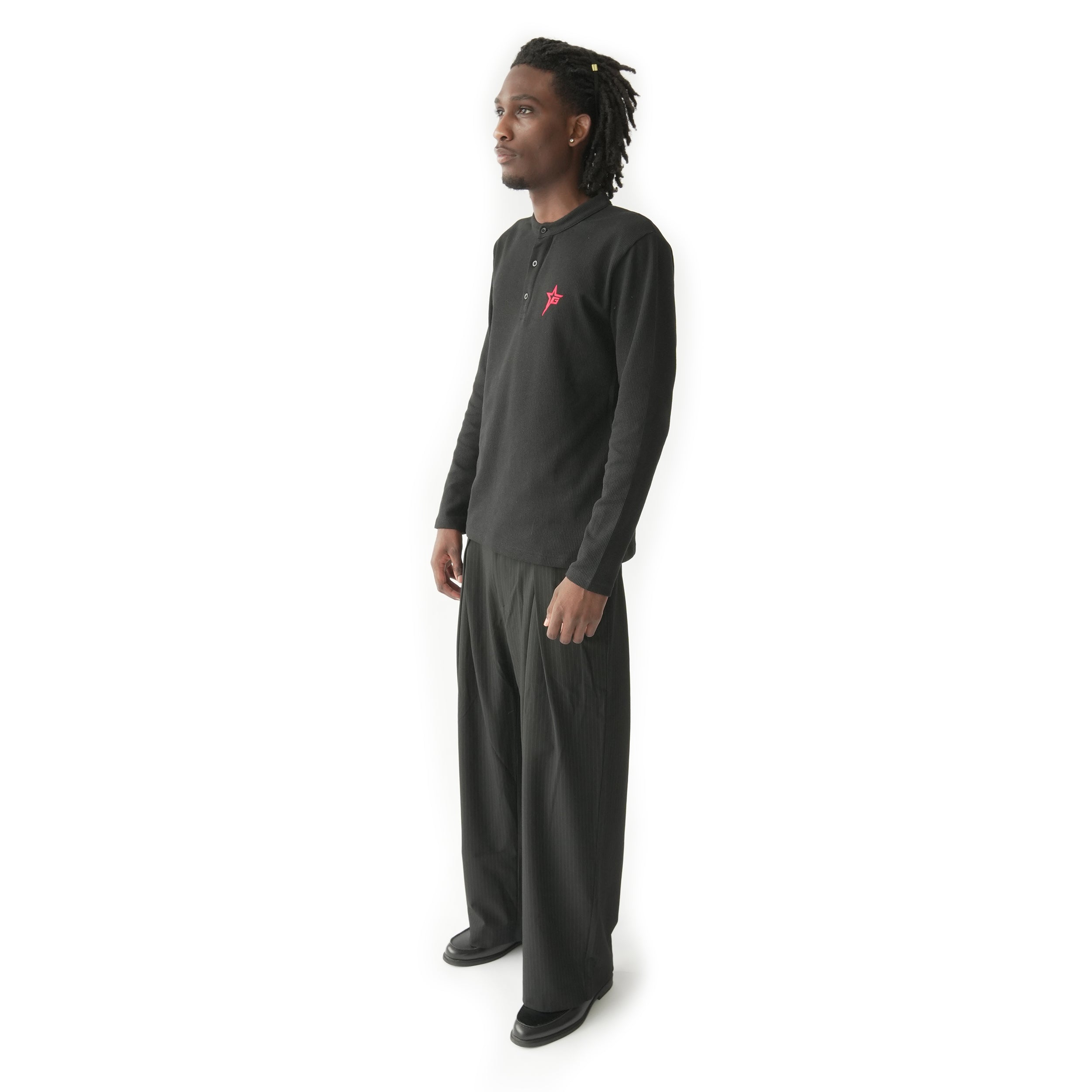 Henley Waffle Long-sleeve - Black